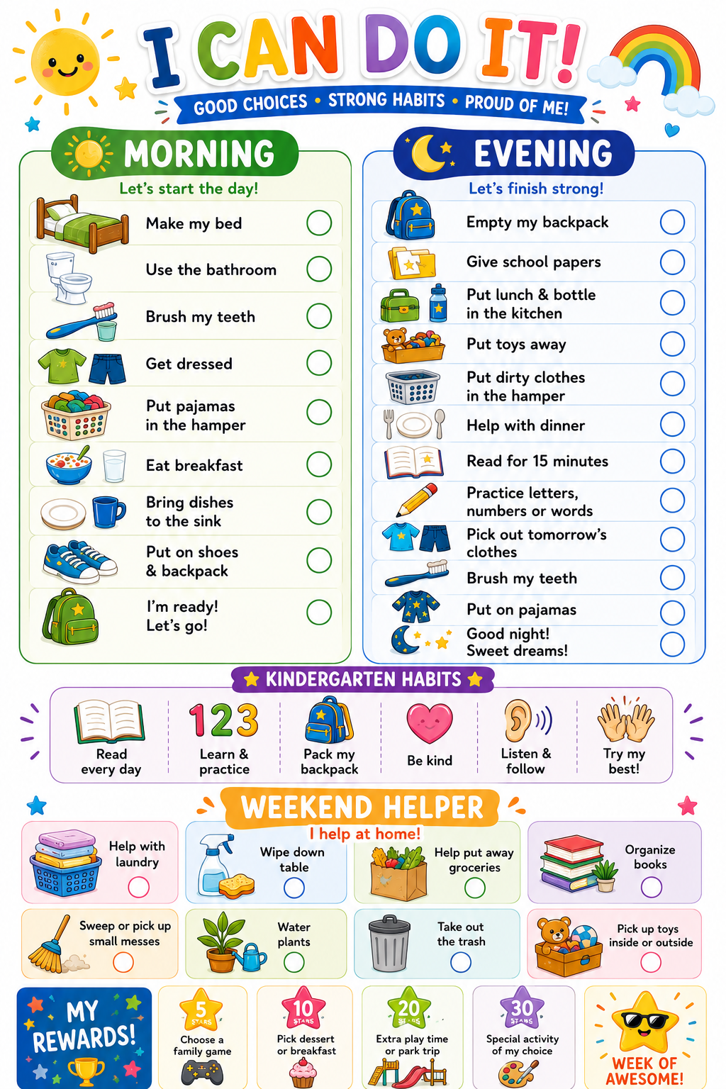 Colorful Visual kindergarten morning routine checklist with pictures and short words