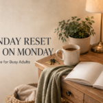 Cozy home-reset scene with coffee, an open planner, keys, a work bag, a warm lamp and a sage throw.