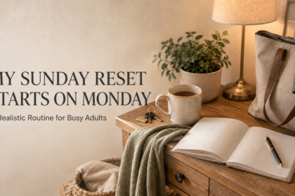 Cozy home-reset scene with coffee, an open planner, keys, a work bag, a warm lamp and a sage throw.