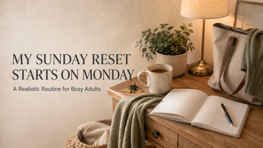 Cozy home-reset scene with coffee, an open planner, keys, a work bag, a warm lamp and a sage throw.