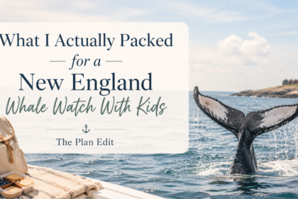 New England whale watch packing guide with a humpback whale tail, backpack, snacks, and coastal lighthouse.