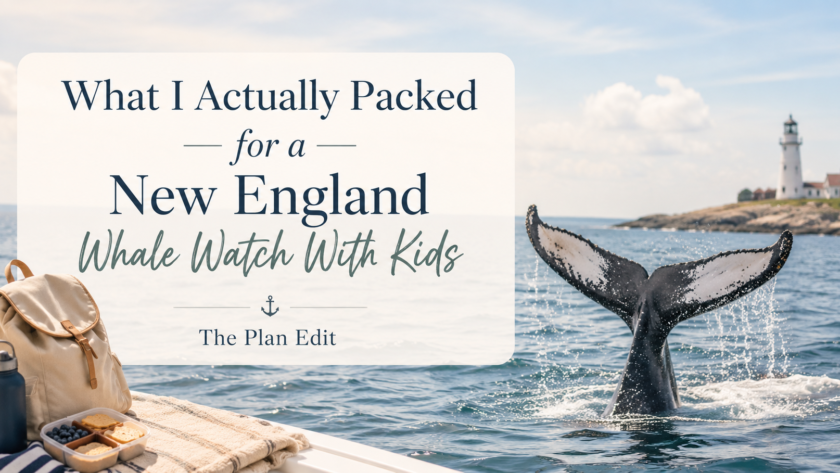 New England whale watch packing guide with a humpback whale tail, backpack, snacks, and coastal lighthouse.