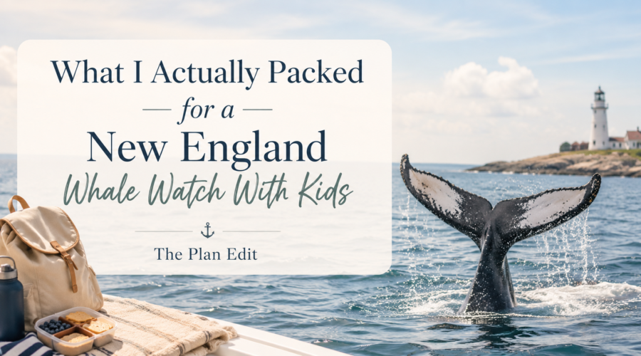 New England whale watch packing guide with a humpback whale tail, backpack, snacks, and coastal lighthouse.