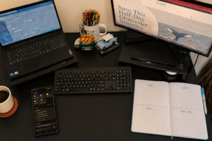 Warm home office desk with a phone displaying reminders, an open notebook labeled Keep, Edit, Drop and Add One, coffee, sneakers and weights.