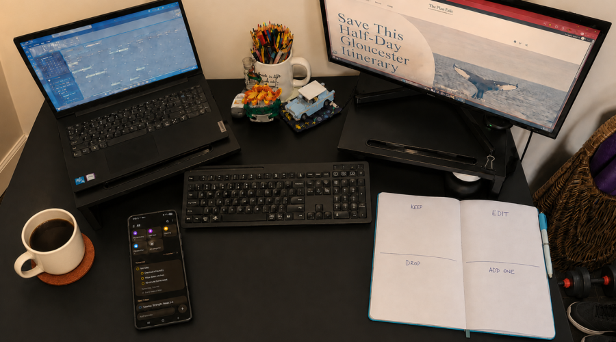 Warm home office desk with a phone displaying reminders, an open notebook labeled Keep, Edit, Drop and Add One, coffee, sneakers and weights.