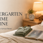 Cozy kindergarten bedtime routine with warm lamp, pajamas, bedtime book and clock set to 8 PM