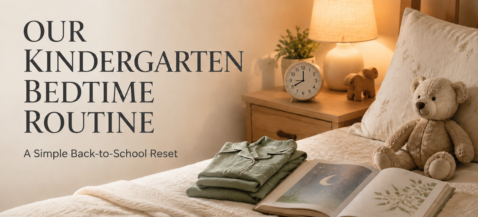 Cozy kindergarten bedtime routine with warm lamp, pajamas, bedtime book and clock set to 8 PM