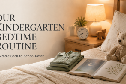 Cozy kindergarten bedtime routine with warm lamp, pajamas, bedtime book and clock set to 8 PM