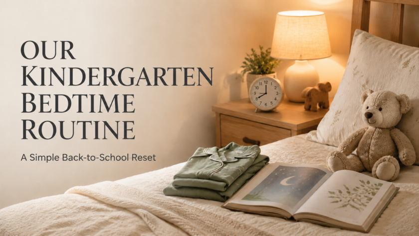 Cozy kindergarten bedtime routine with warm lamp, pajamas, bedtime book and clock set to 8 PM