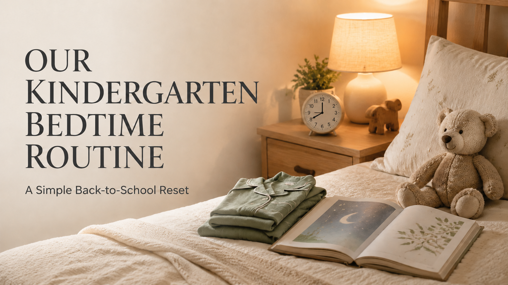 Cozy kindergarten bedtime routine with warm lamp, pajamas, bedtime book and clock set to 8 PM