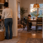 Working mom starting laundry while her curly-haired son completes homework and dinner warms in the kitchen.