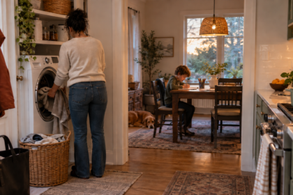 Working mom starting laundry while her curly-haired son completes homework and dinner warms in the kitchen.