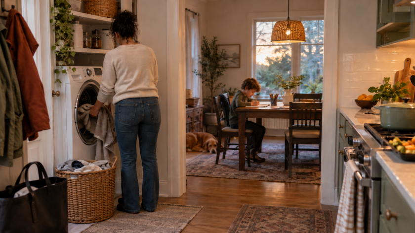 Working mom starting laundry while her curly-haired son completes homework and dinner warms in the kitchen.
