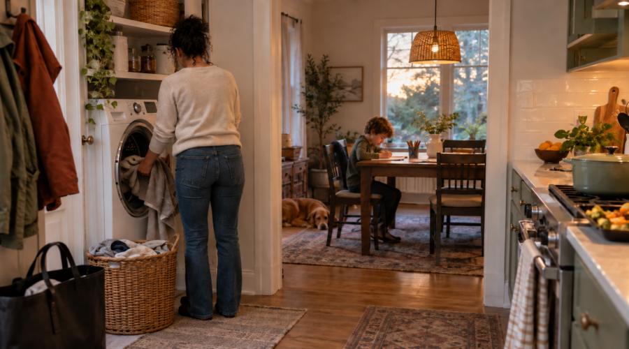 Working mom starting laundry while her curly-haired son completes homework and dinner warms in the kitchen.