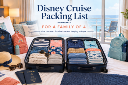 Open suitcase packed for a family of four with cruise clothes, backpacks, passports, sun hat and travel essentials inside a bright ocean-view cruise cabin.