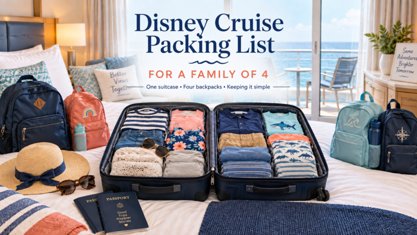 Open suitcase packed for a family of four with cruise clothes, backpacks, passports, sun hat and travel essentials inside a bright ocean-view cruise cabin.