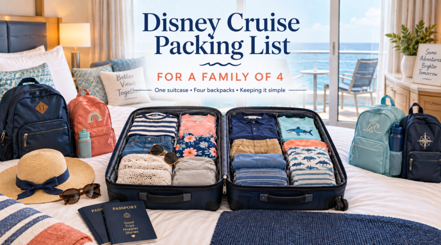 Open suitcase packed for a family of four with cruise clothes, backpacks, passports, sun hat and travel essentials inside a bright ocean-view cruise cabin.