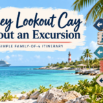 Tropical island beach with turquoise water, lighthouse, cruise ship and colorful signs pointing toward the beach, splash zone, food and cultural activities.