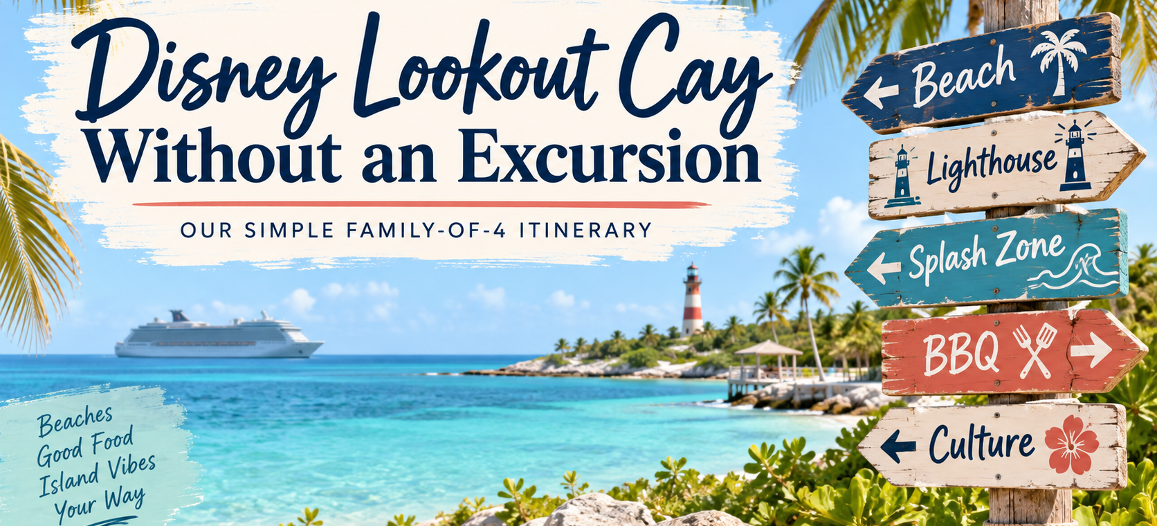 Tropical island beach with turquoise water, lighthouse, cruise ship and colorful signs pointing toward the beach, splash zone, food and cultural activities.