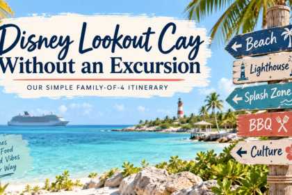 Tropical island beach with turquoise water, lighthouse, cruise ship and colorful signs pointing toward the beach, splash zone, food and cultural activities.