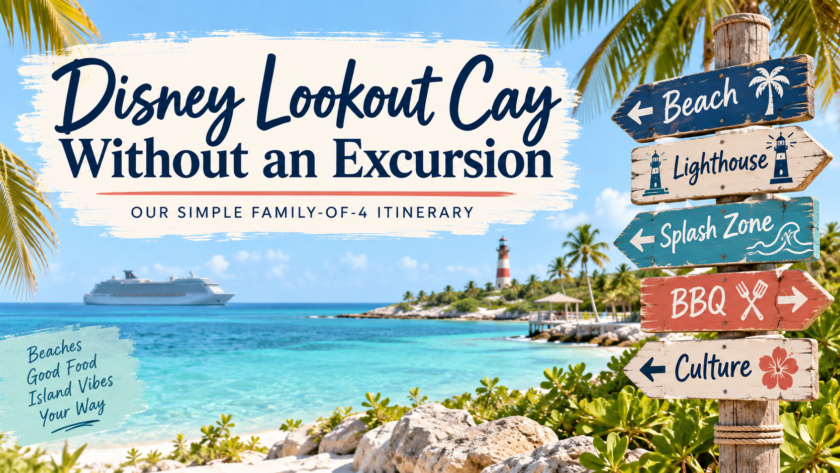 Tropical island beach with turquoise water, lighthouse, cruise ship and colorful signs pointing toward the beach, splash zone, food and cultural activities.