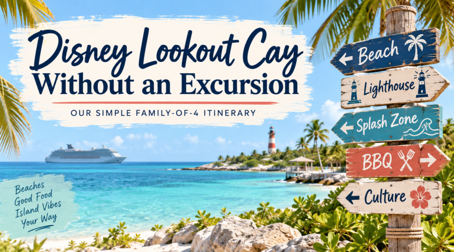 Tropical island beach with turquoise water, lighthouse, cruise ship and colorful signs pointing toward the beach, splash zone, food and cultural activities.