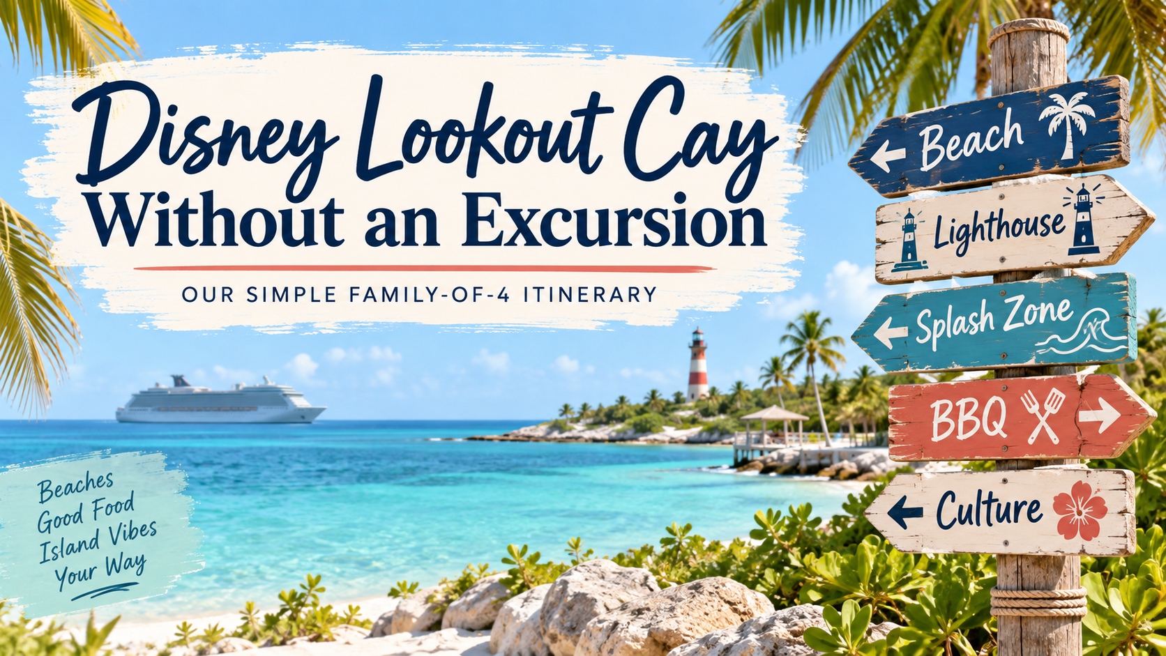 Tropical island beach with turquoise water, lighthouse, cruise ship and colorful signs pointing toward the beach, splash zone, food and cultural activities.