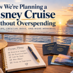 Cruise vacation planning scene at sunset with passports, travel notebook, rewards, points and gift card reminders overlooking a cruise ship at sea.
