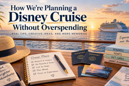 Cruise vacation planning scene at sunset with passports, travel notebook, rewards, points and gift card reminders overlooking a cruise ship at sea.