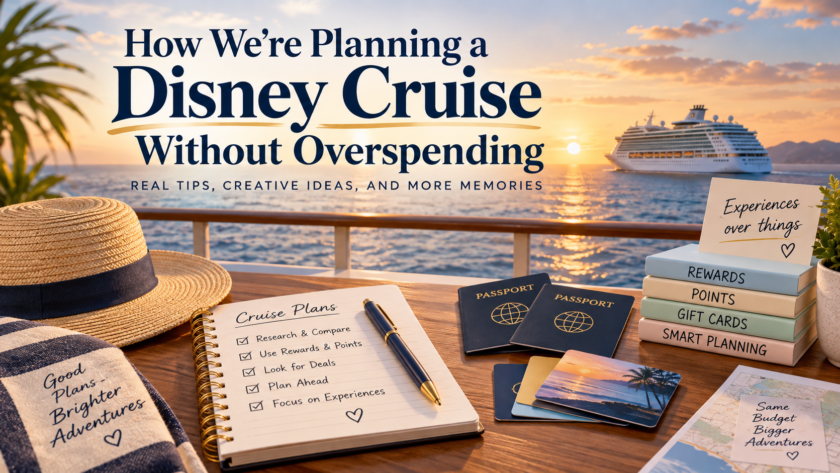 Cruise vacation planning scene at sunset with passports, travel notebook, rewards, points and gift card reminders overlooking a cruise ship at sea.