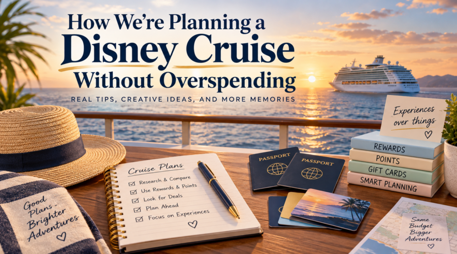 Cruise vacation planning scene at sunset with passports, travel notebook, rewards, points and gift card reminders overlooking a cruise ship at sea.