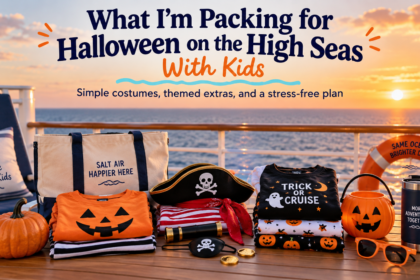Halloween cruise packing display with orange and black clothing, pirate accessories, pumpkin bucket and travel items arranged on a ship deck at sunset.