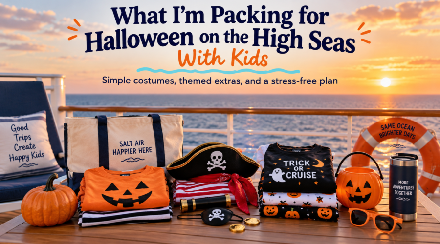Halloween cruise packing display with orange and black clothing, pirate accessories, pumpkin bucket and travel items arranged on a ship deck at sunset.