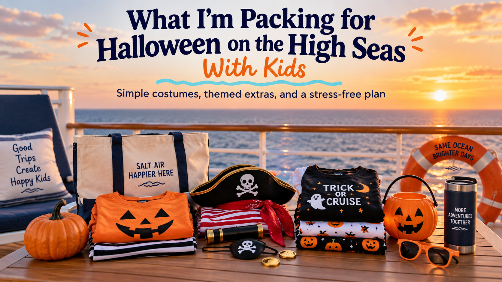 Halloween cruise packing display with orange and black clothing, pirate accessories, pumpkin bucket and travel items arranged on a ship deck at sunset.