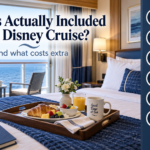 Bright cruise cabin with ocean view, breakfast room service and a graphic highlighting food, shows, pools, kids clubs and other included cruise activities.