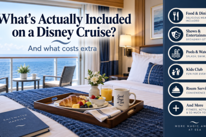 Bright cruise cabin with ocean view, breakfast room service and a graphic highlighting food, shows, pools, kids clubs and other included cruise activities.