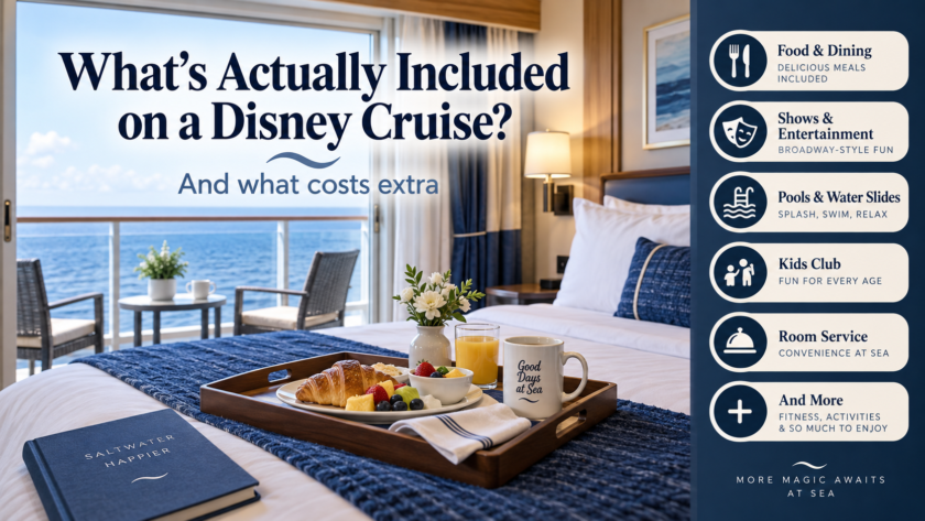 Bright cruise cabin with ocean view, breakfast room service and a graphic highlighting food, shows, pools, kids clubs and other included cruise activities.